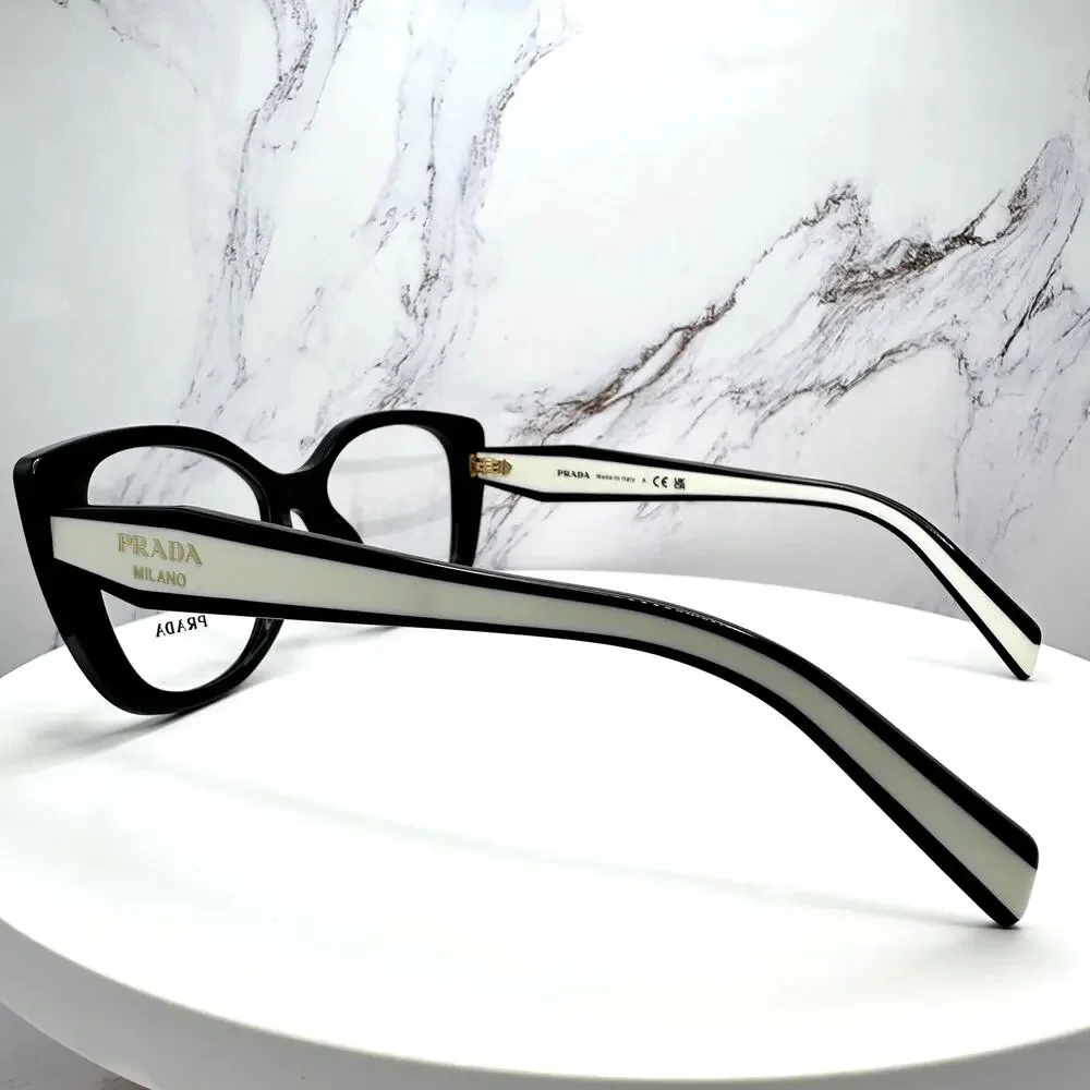 New PRADA Eyeglasses Cat Eye Black White Gold 53-17-140 Womens - Picture 13 of 16